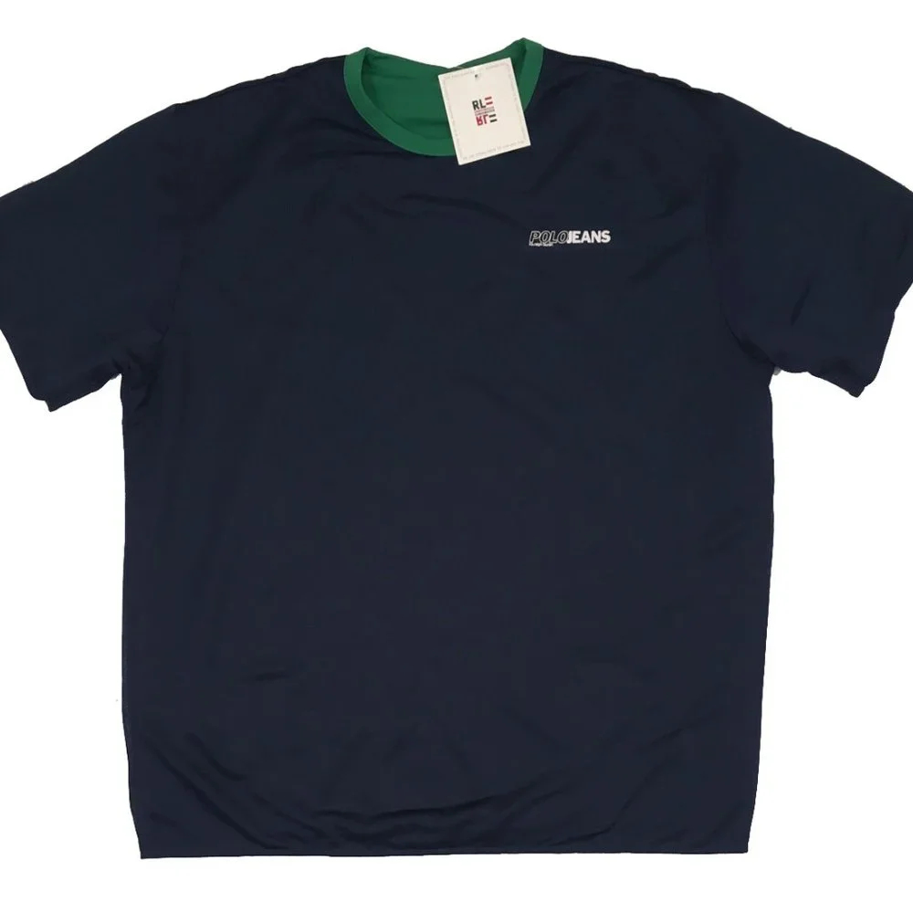 NEW Vintage Ralph Lauren Polo Jeans Co Reversible T Shirt Navy Mesh & Green Poly